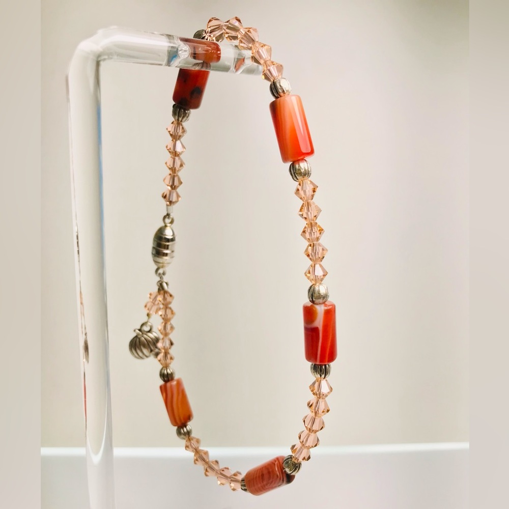 Peach Imperial Jasper and peach crystal bracelet with pumpkin charm